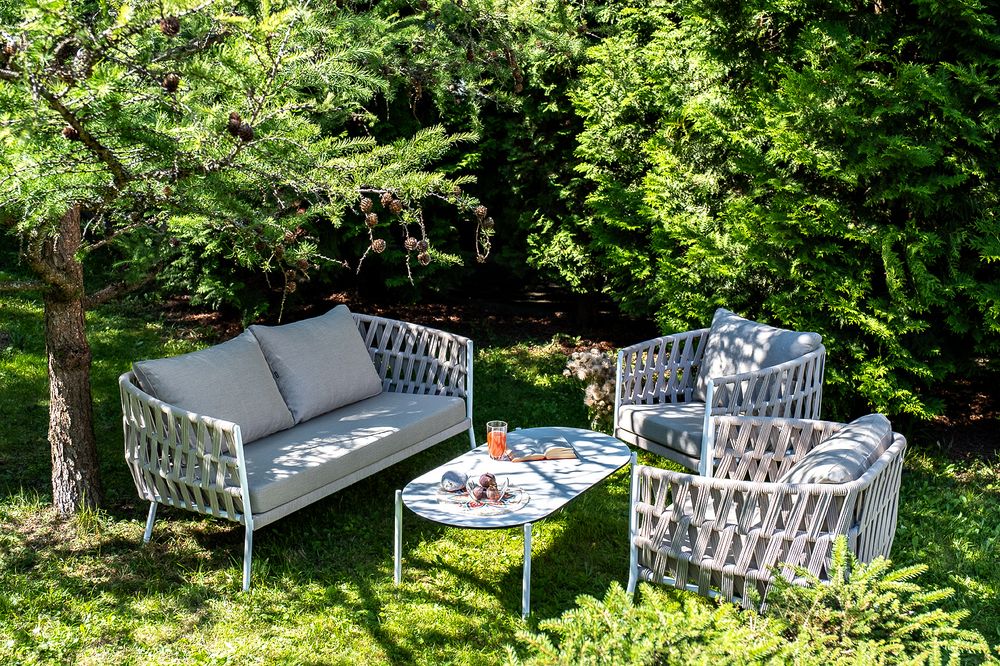 "Диего" лаунж-зона 4-местная плетеная из роупа (веревки), каркас алюминиевый белый, роуп бежевый