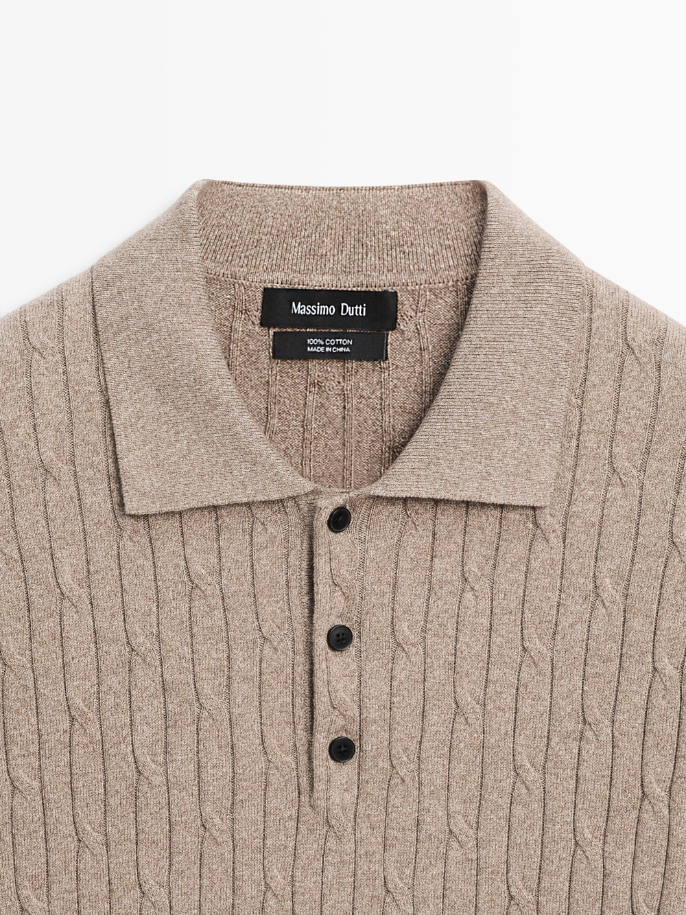 Massimo Dutti Свитер поло из смесового хлопка с узором «косы», бежевый