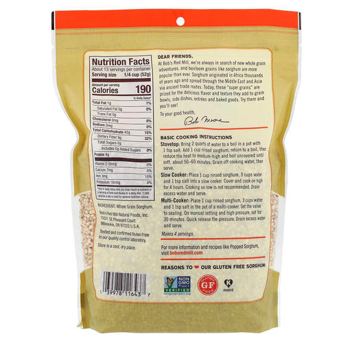 Bob's Red Mill, цельнозерновое, сорго, 680 г (1 фунт 8 унций)