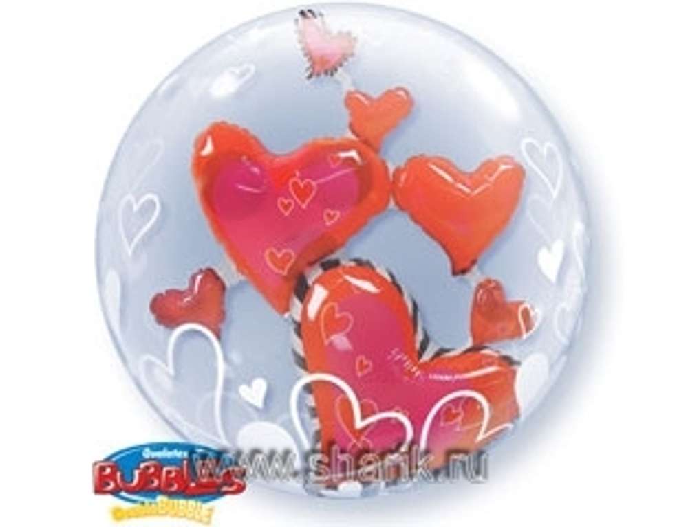 BUBBLE ИНСАЙДЕР (61 см) сфера Парящие Сердца Красные,1шт.
