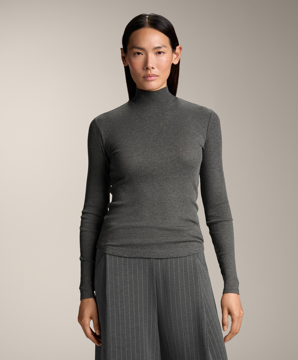 Oysho Футболка Base Layer в рубчик с высоким воротником и лиоцеллом, темно-серый