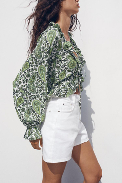 ZARA ТОП С ВОЛАНАМИ И V-ОБРАЗНЫМ ВЫРЕЗОМ, ОТТЕНКИ ЗЕЛЕНОГО