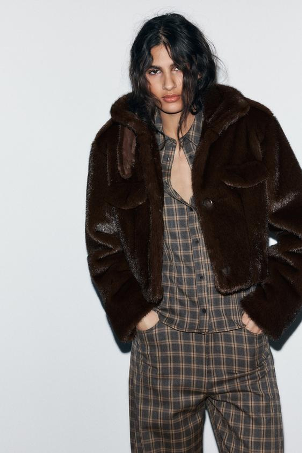 ZARA БРЮКИ BALLOON В КЛЕТКУ, СЕРО-КОРИЧНЕВЫЙ