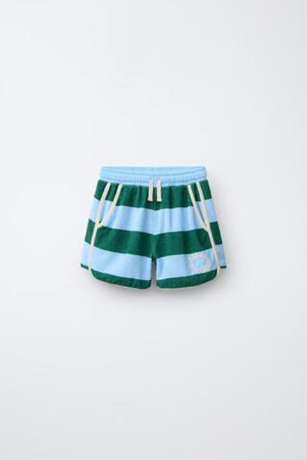 ZARA ШОРТЫ ИЗ МАХРОВОЙ ТКАНИ В ПОЛОСКУ, ГОЛУБОЙ