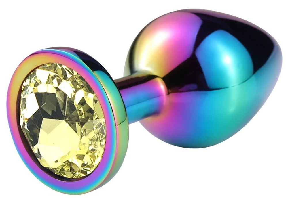 Разноцветная гладкая анальная пробка с желтым кристаллом - 7 см. (Цвет: желтый)