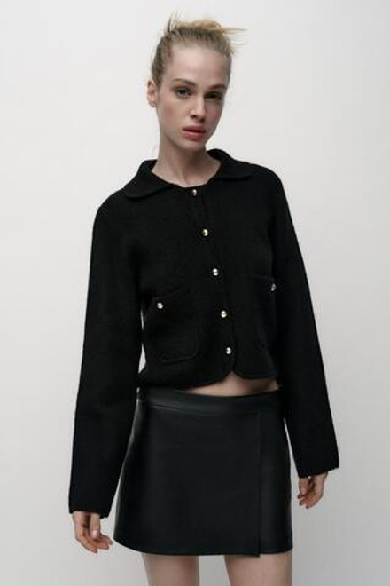 ZARA ОДНОТОННЫЙ КАРДИГАН С ВОРОТНИКОМ ПОЛО, ЧЕРНЫЙ