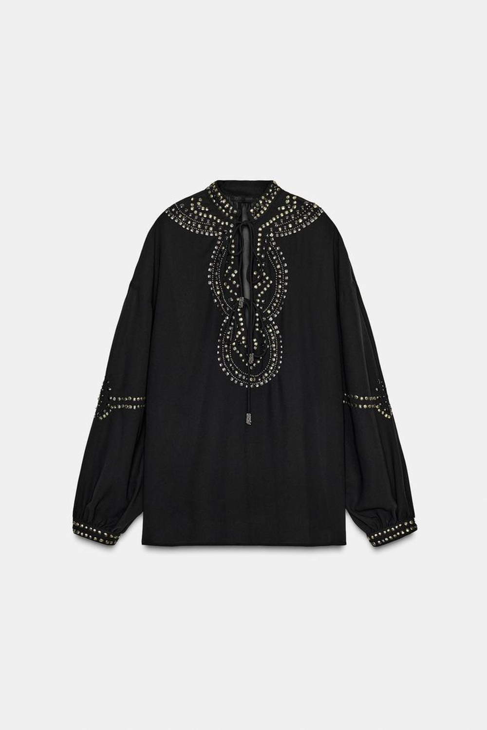 ZARA БЛУЗА ИЗ ПОЛУПРОЗРАЧНОЙ ТКАНИ С БУСИНАМИ, ЧЕРНЫЙ