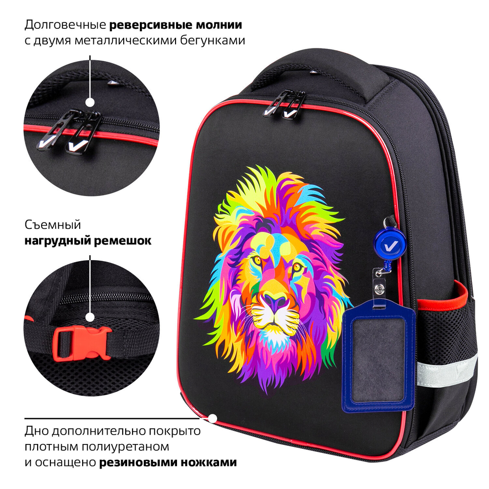 Ранец BRAUBERG FIT, 2 отделения, "Colorful lion", 38х27х14 см, 270618