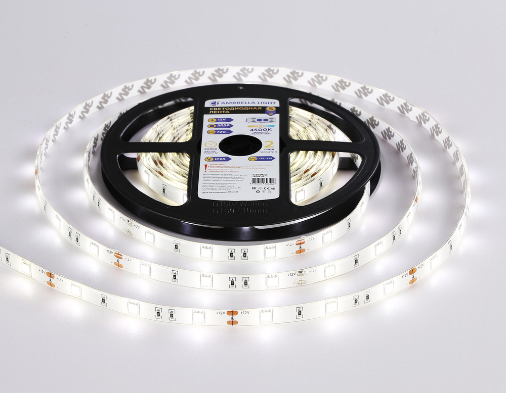 Светодиодная лента GS1902 5050 30Led/ 7.2W m/ 12V IP65 4500K/ 5000*10*2.87mm/ кратность резки 100mm (2 конт.)