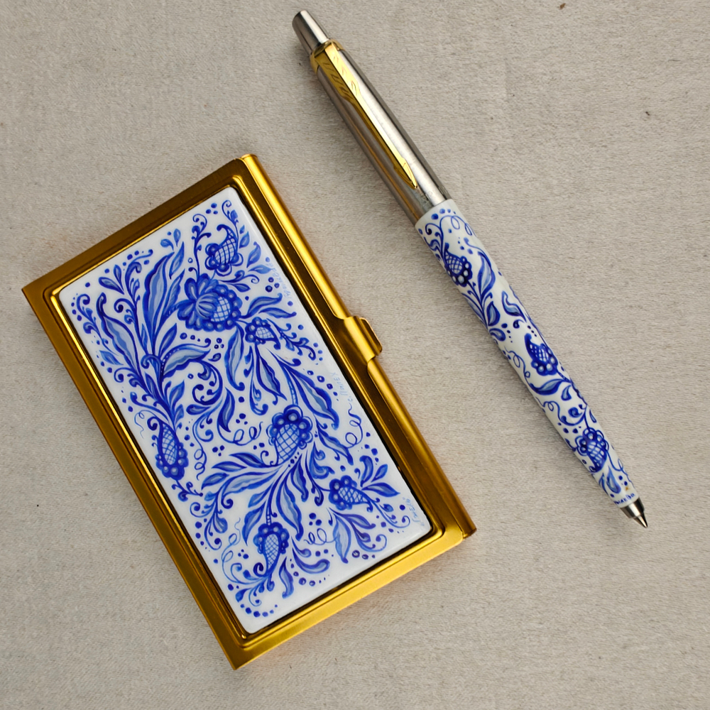Набор "Гжель" визитница и ручка Parker с ручной росписью Палех