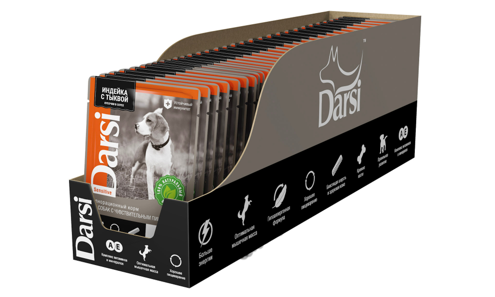 Влажный корм паучи для собак Darsi, с чувствительным пищеварением, индейка с тыквой, кусочки в соусе 85 г*32шт