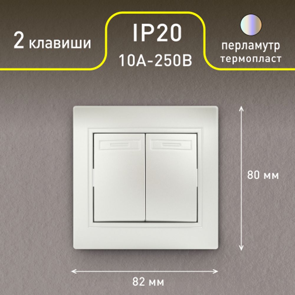 Выключатель Intro Plano 1-104-06 двухклавишный, 10А-250В, IP20, СУ, перламутр