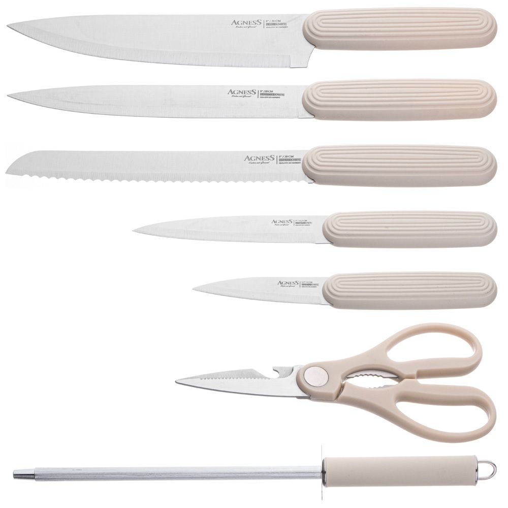 НАБОР НОЖЕЙ AGNESS С НОЖНИЦАМИ И МУСАТОМ НА ПЛАСТИКОВОЙ ПОДСТАВКЕ, 8 ПРЕДМЕТОВ