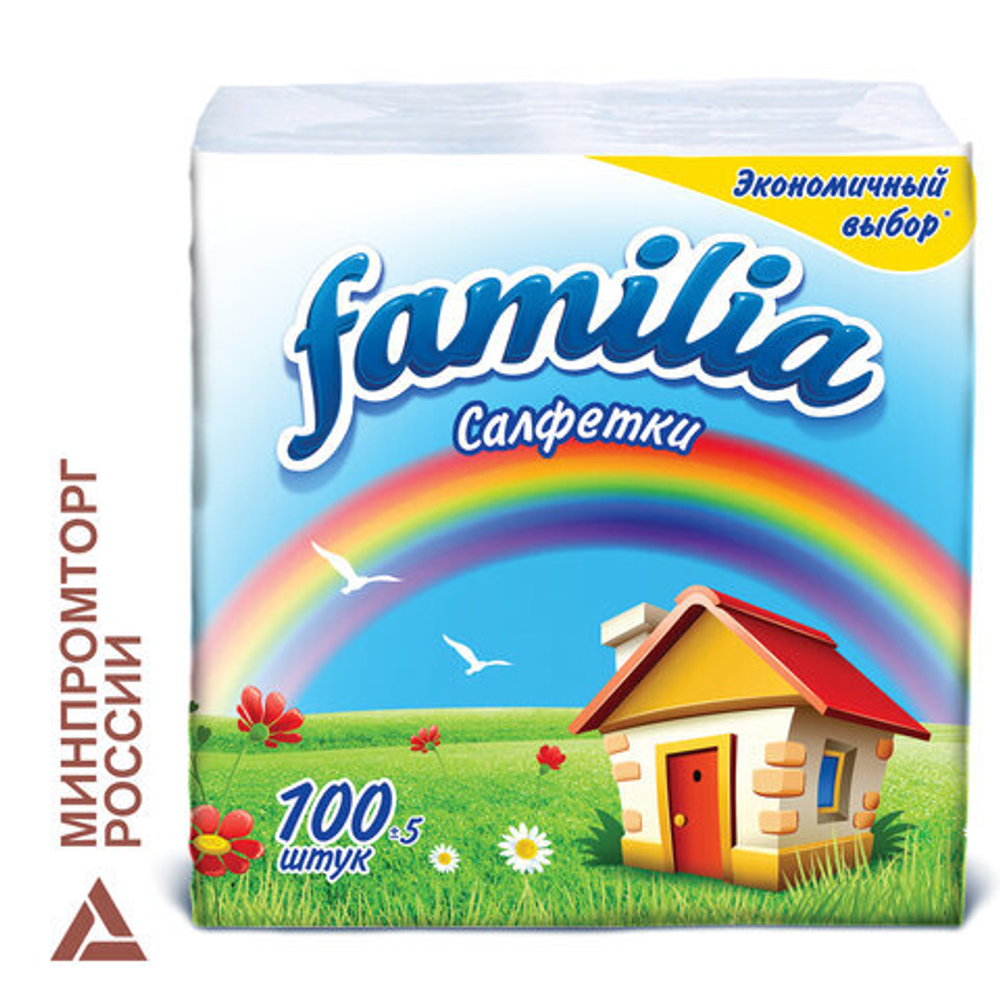 Салфетки бумажные 100 шт., 24x23 см, FAMILIA, белые, 100% целлюлоза, 5039302