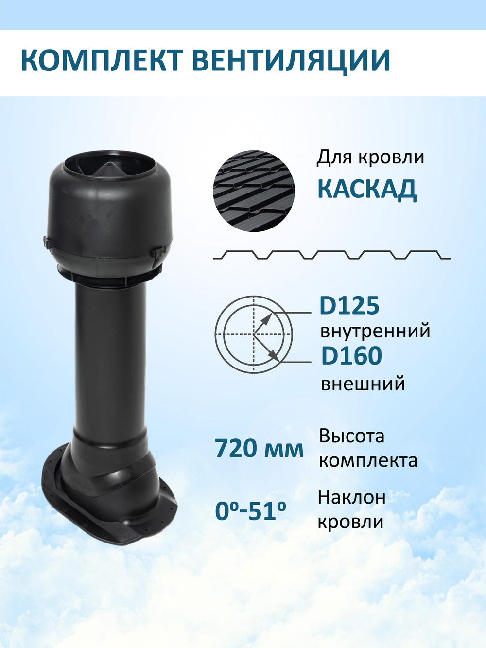Вент. выход утепленный c колпаком D160 высотой Н-700, проходной элемент для металлочерепицы Каскад