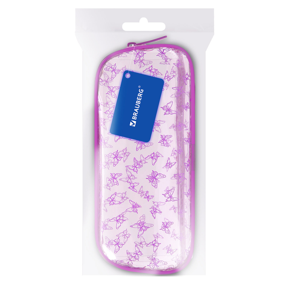 Пенал-косметичка BRAUBERG LUCENT на молнии прозрачный "Butterfly" 21х5х9 см (2 штуки в упаковке)