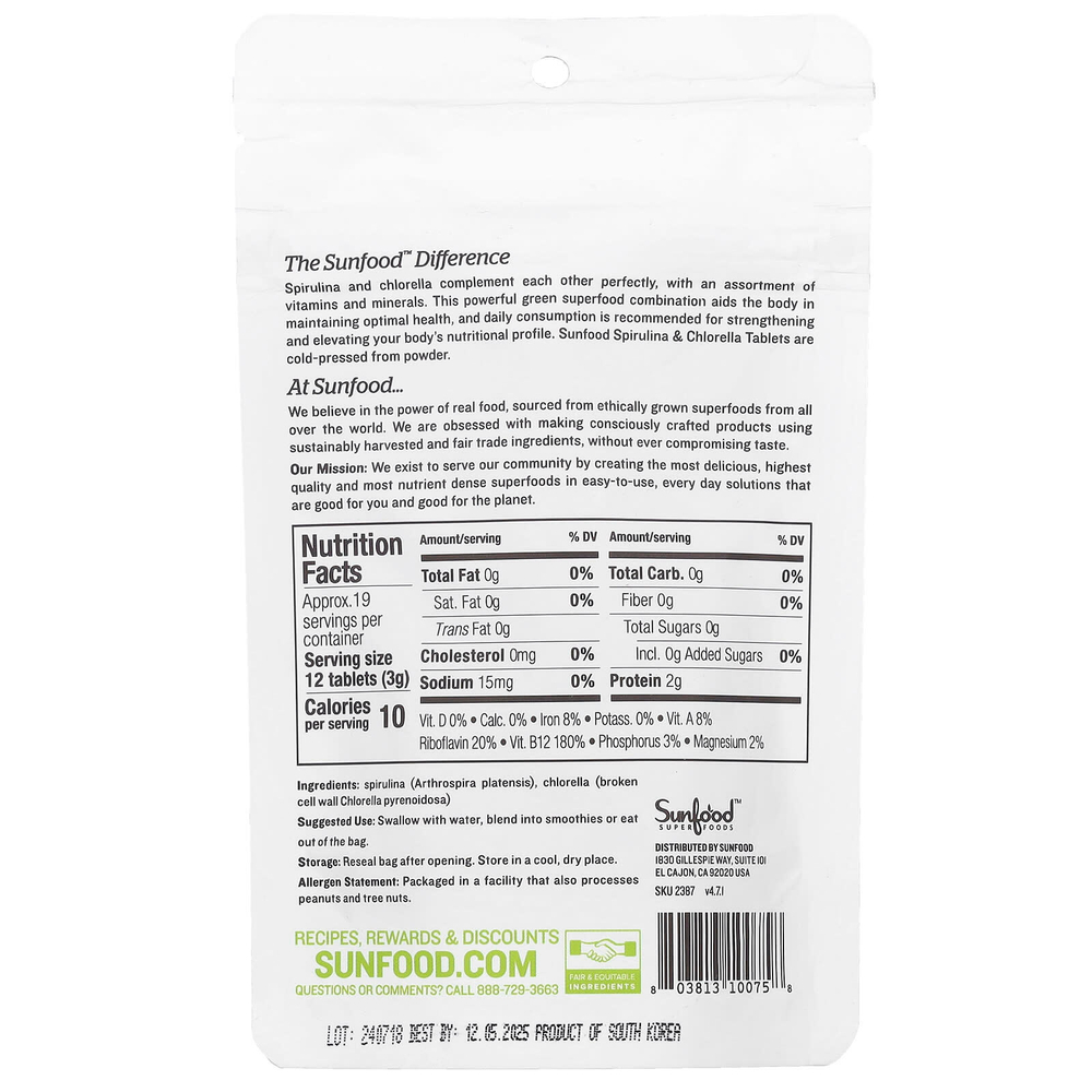 Sunfood, Super Algae Tablets, спирулина и хлорелла в таблетках, 250 мг, прибл. 228 таблеток, 57 г (2 унции)