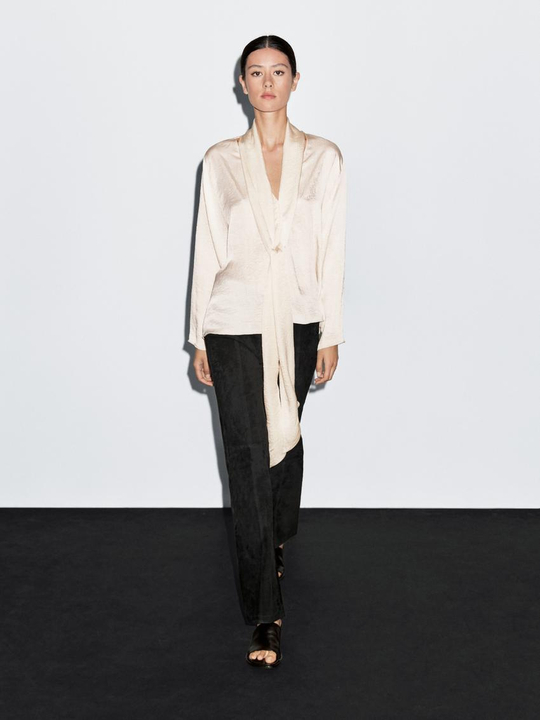 Massimo Dutti Блуза из струящейся ткани с завязками, бежевый