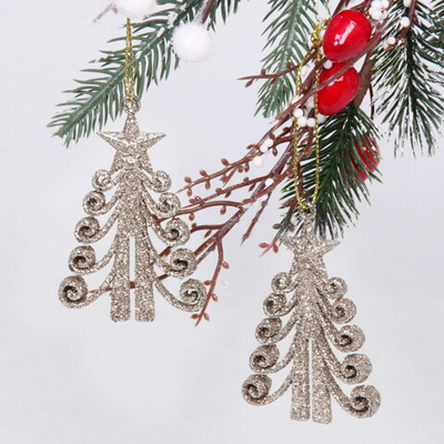 Подвески в блестках «Елочка кудрявая» 7 см (набор 2шт), шампань