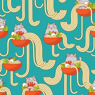 Серые котики в миске с лапшой. (Дизайнер Irina Skaska)