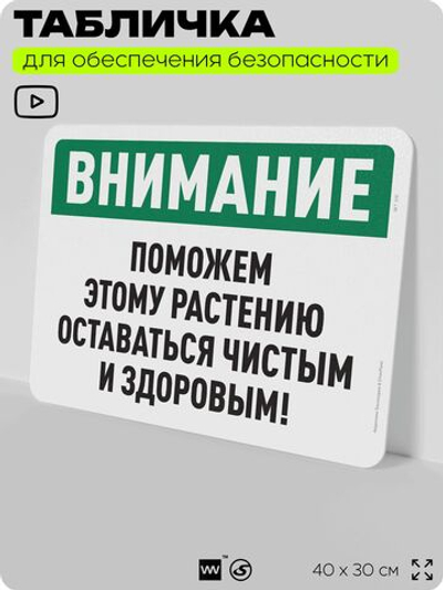 Табличка для обеспечения безопасности "Внимание, поможем этому растению оставаться чистым и здоровым", для офиса, по охране труда для предприятия, организаций, 40х30 см, Айдентика Технолоджи