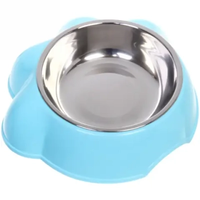 Миска пластиковая с металлической чашкой «Лапка» 21*6,5см цвет голубой / 350 и 450мл