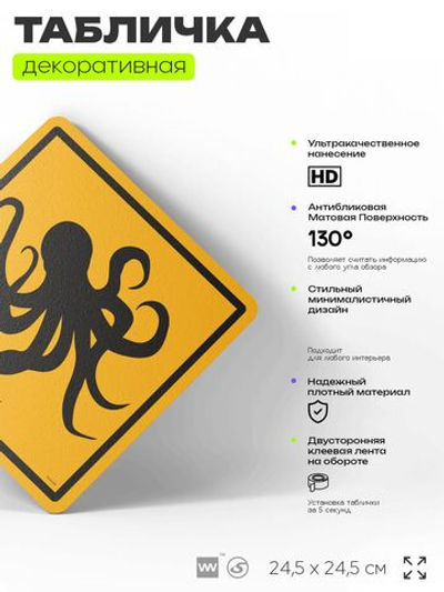 Табличка прикольная "Осторожно, осьминоги (кракен)" на дверь и стену, информационная и предупреждающая, декоративный знак, 24,5х24,5 см, пластиковая, Айдентика Технолоджи