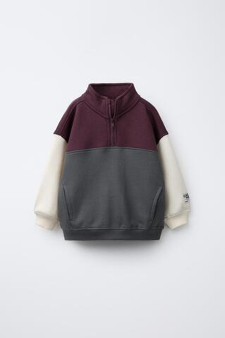 ZARA ТОЛСТОВКА НА МОЛНИИ В СТИЛЕ КОЛОР-БЛОК, СЕРО-ГРАНАТОВЫЙ
