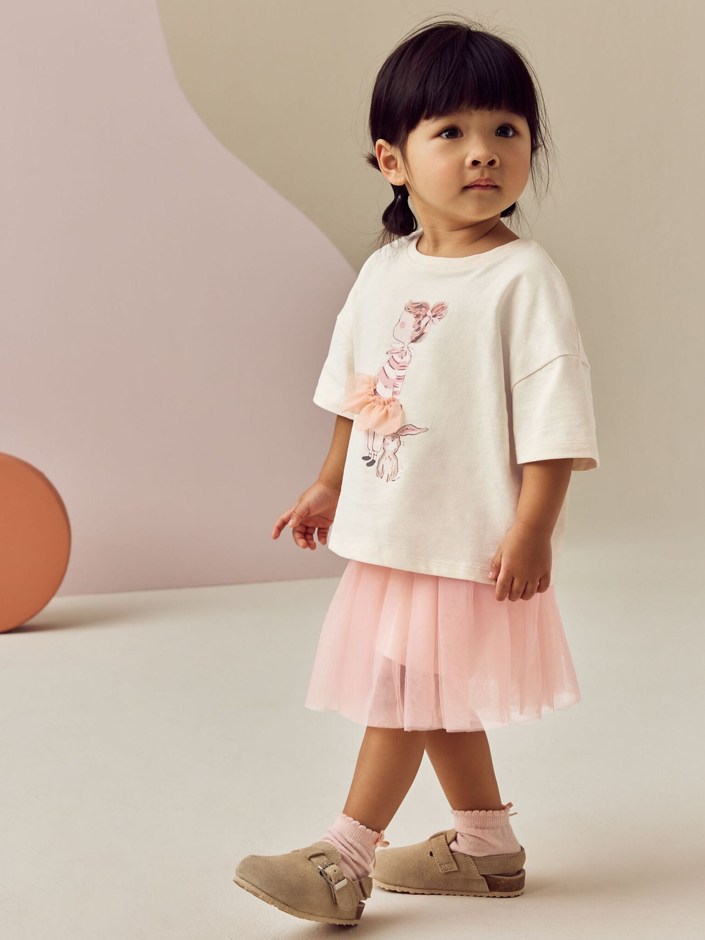 Футболка и юбка в комплекте для девочки Next E54-799, Молочный, Розовый
