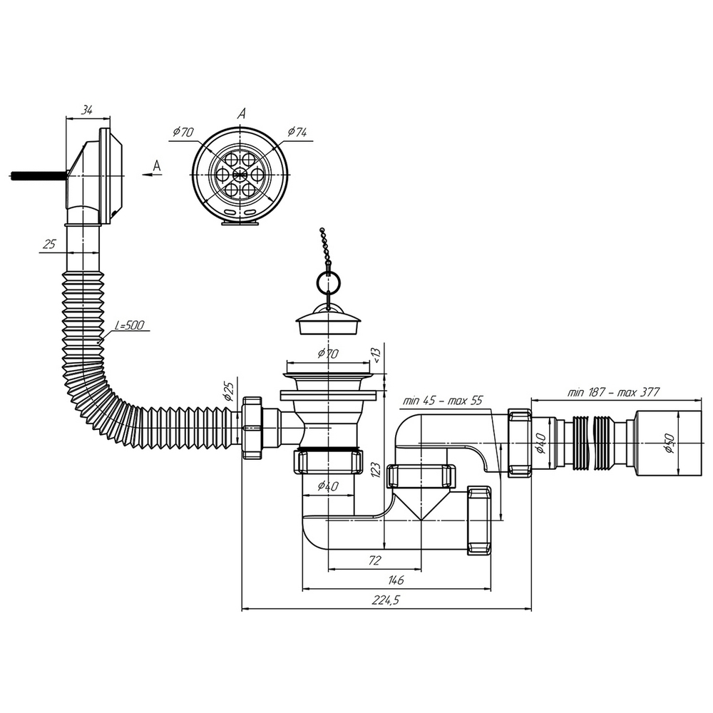 Обвязка на ванну 1 1/2*40 с вып. и переливом с гофрой Ani Е155 АНИ пласт