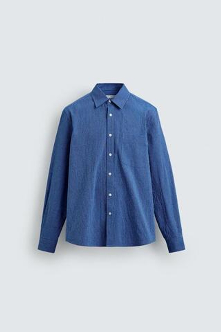 ZARA РУБАШКА В ПОЛОСКУ С ЭФФЕКТОМ ПОТЕРТОСТИ, МОРСКОЙ ЯРКО-СИНИЙ