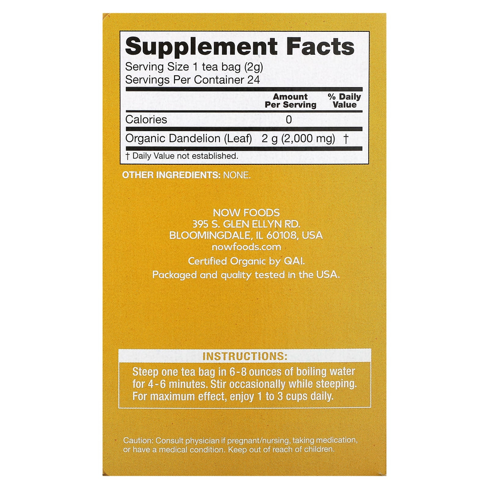 NOW Foods, органический чай из одуванчика, без кофеина, 24 чайных пакетика, 48 г (1,7 унции)