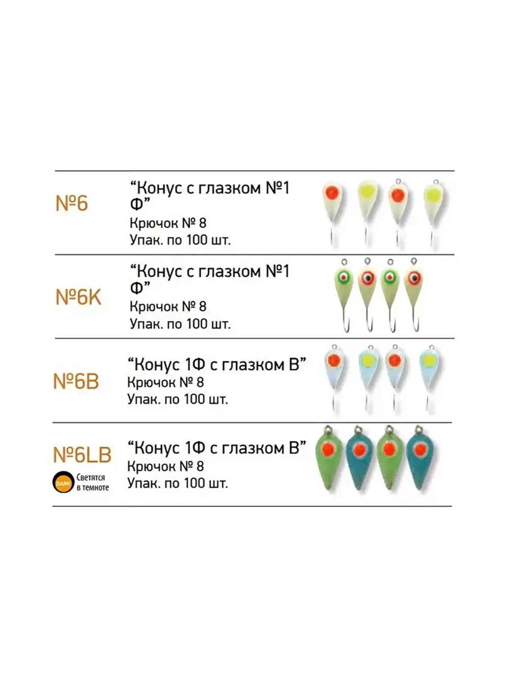 Мормышки фосфорные  № 6 "Конус 1Ф с глазком", 100шт