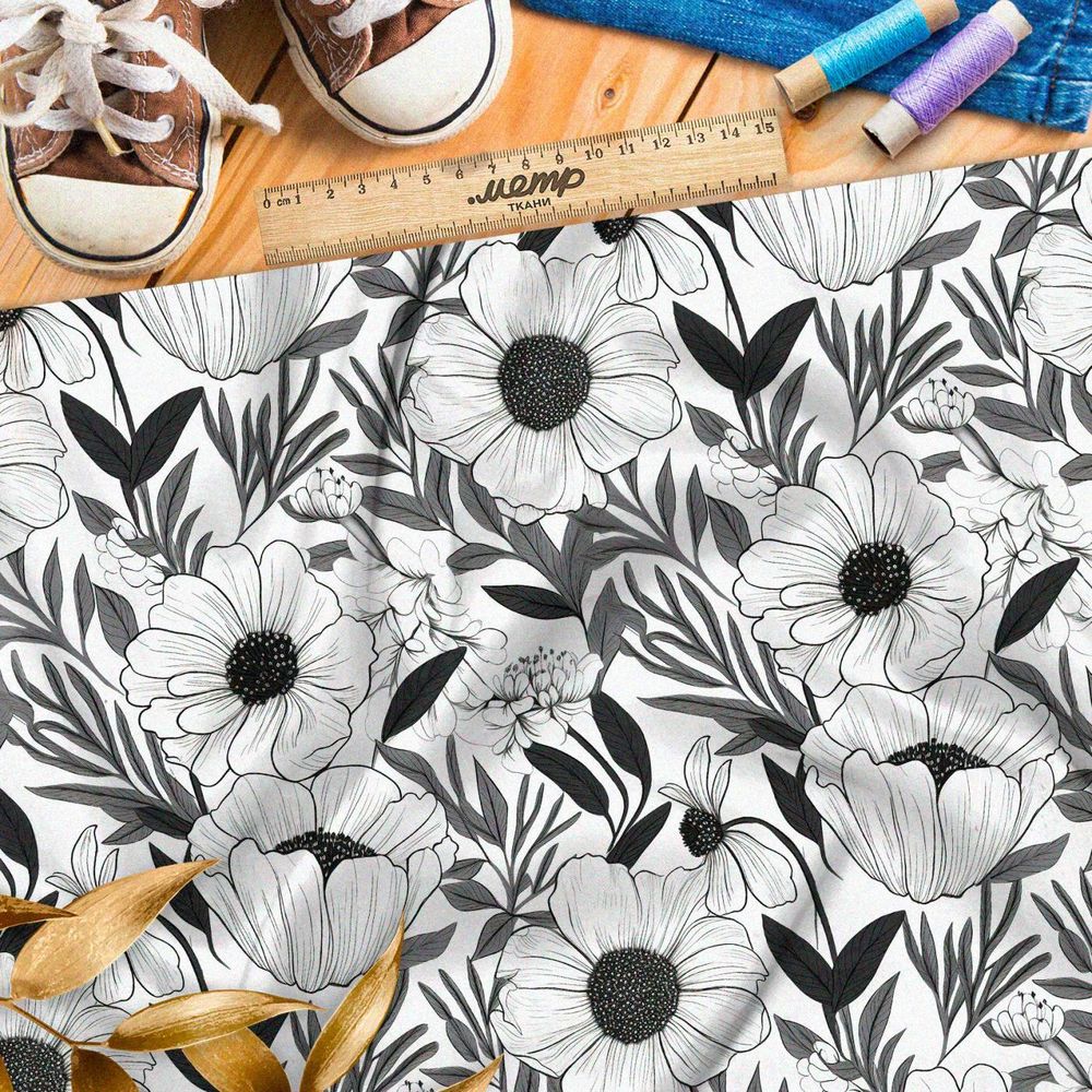 Ткань Ниагара Софт черно-белый цветник