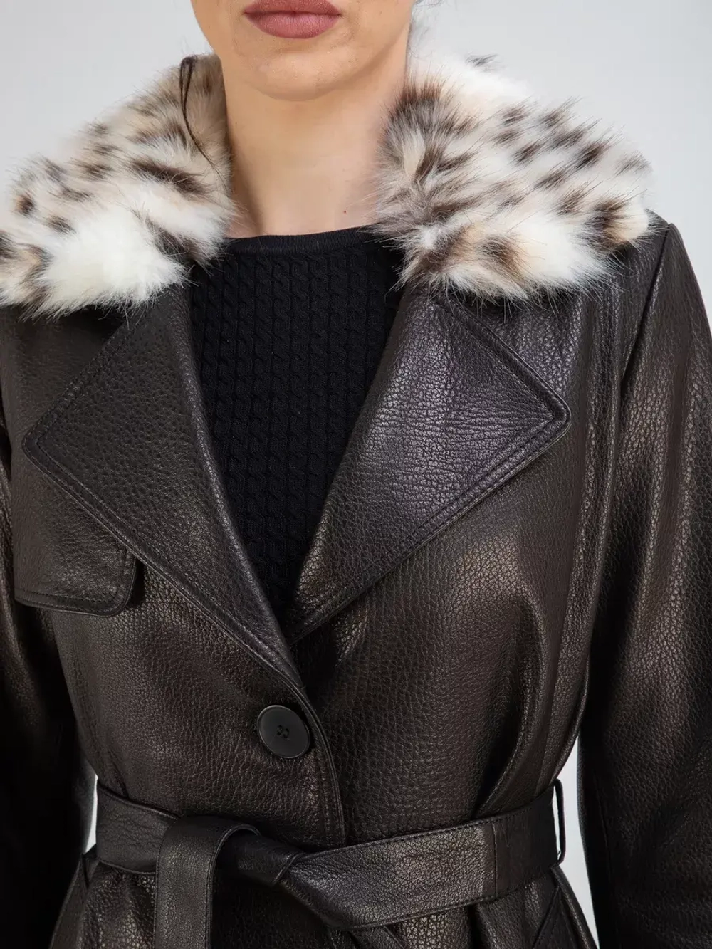 Кожаный тренч длинный с поясом плащ