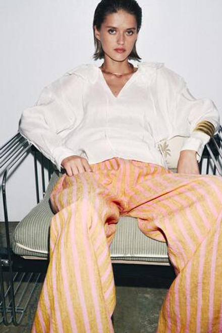 ZARA РУБАШКА ИЗ СМЕСОВОГО ЛЬНА И ШЕЛКА — ZW COLLECTION, ЖЕЛТОВАТО-БЕЛЫЙ