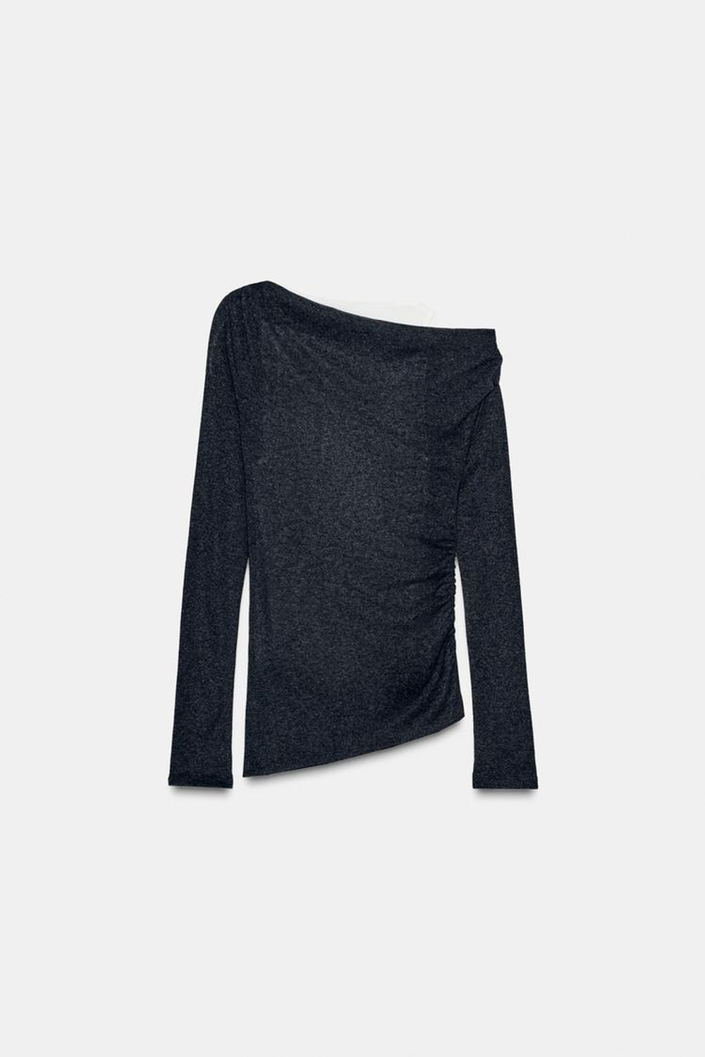 ZARA АСИММЕТРИЧНАЯ ФУТБОЛКА С ЭФФЕКТОМ ДВОЙНОЙ ТКАНИ, ТЕМНЫЙ АНТРАЦИТ