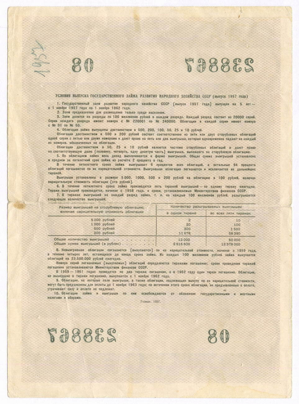 Облигация 100 рублей 1957 год. Серия № 238867. VG