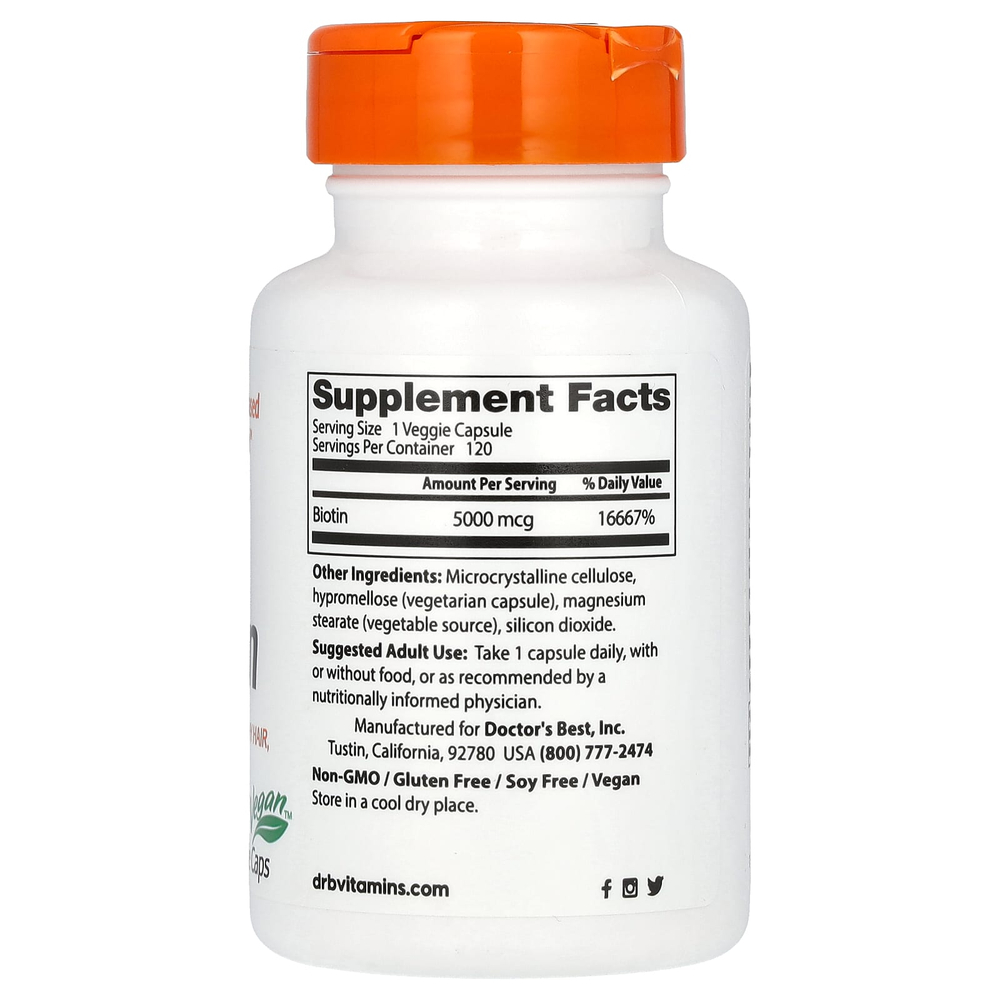 Doctor's Best, биотин, 5000 мкг, 120 вегетарианских капсул