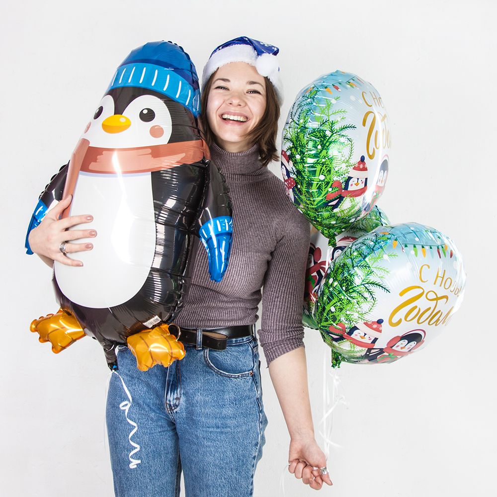 Шар (18"/46 см) Круг, С Новым Годом (маленькие пингвины), 1 шт. в упак.