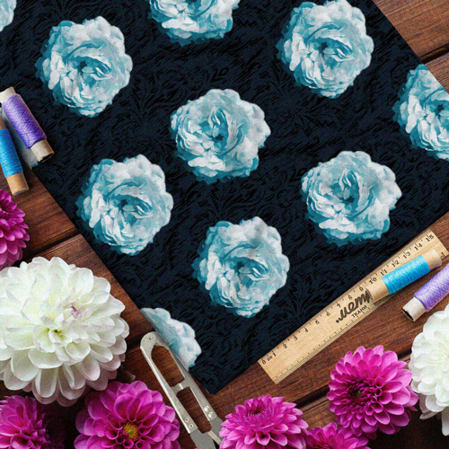 Ткань оксфорд 210 голубые розы из папье-маше на тёмном фоне