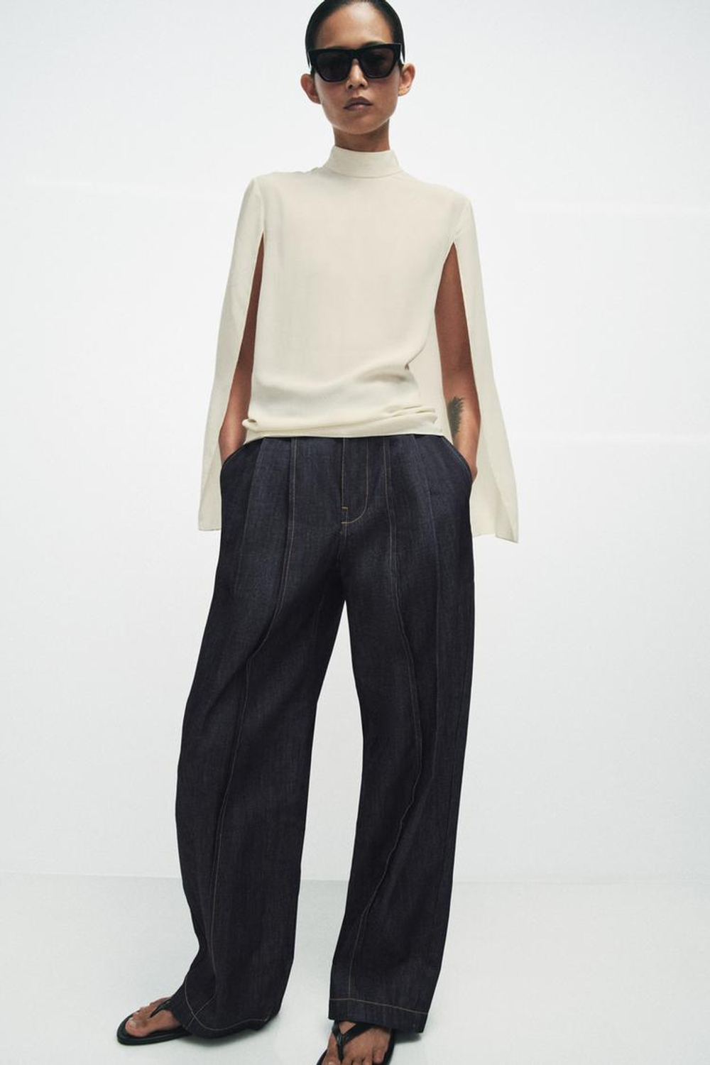 ZARA РУБАШКА-КЕЙП С РАЗРЕЗАМИ ZW COLLECTION, ЭКРЮ