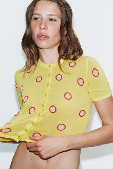 ZARA ЖАККАРДОВЫЙ КАРДИГАН С КОРОТКИМИ РУКАВАМИ, ЖЕЛТЫЙ