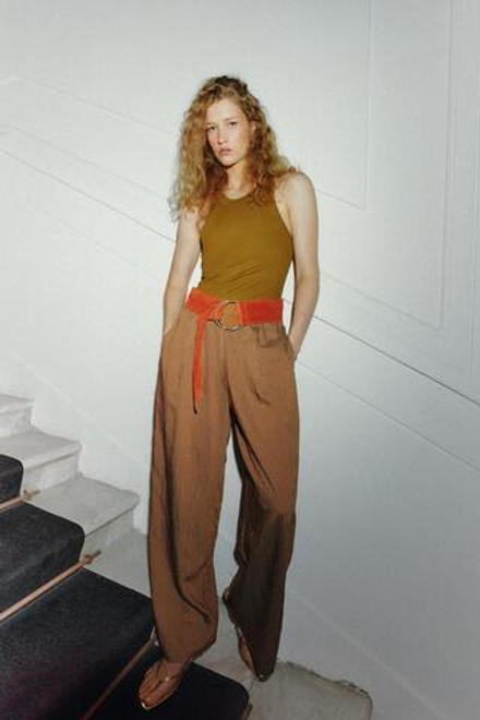ZARA ШИРОКИЕ БРЮКИ В ПОЛОСКУ, КАРАМЕЛЬНЫЙ