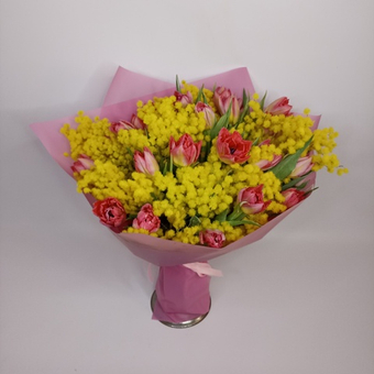 Букет Мимоза и 25 тюльпанов