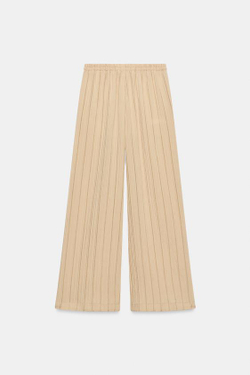 ZARA ШИРОКИЕ БРЮКИ В ПОЛОСКУ С ЭЛАСТИЧНЫМ ПОЯСОМ, ПЕСОЧНЫЙ