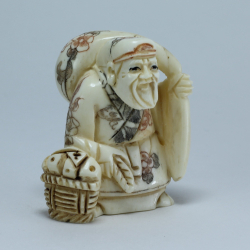 Эксклюзивная нэцкэ Дзюродзин с мешком риса и корзиной рыбы