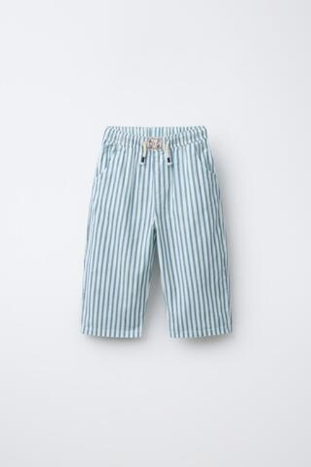 ZARA БРЮКИ В ПОЛОСКУ ИЗ ХЛОПКА И ЛЬНА, ГОЛУБОЙ