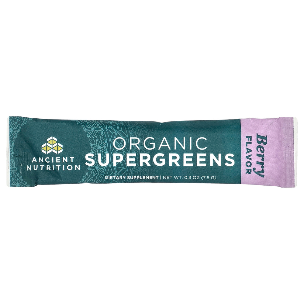 Ancient Nutrition, Organic Super Greens, ягоды, 16 упаковок в виде стиков, по 7,5 г (0,3 унции) каждая
