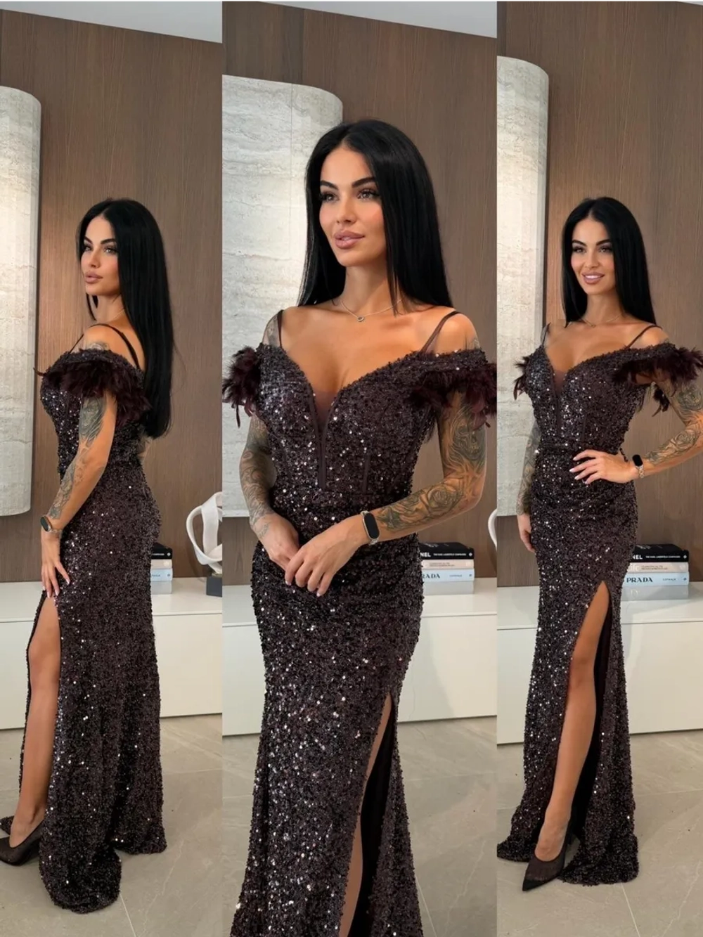 вечернее платье с пайетками и перьями + plus size